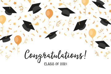 Graduation Class of 2021 with black graduate caps and gold confetti, ribbon. University, college school education vector background.