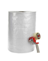 Bubble wrap roll and tape dispenser isolated on white