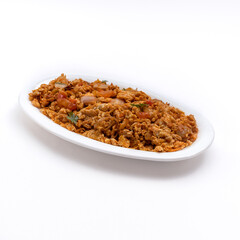 egg or anda burji or bhurji in a white bowl or dish on white background