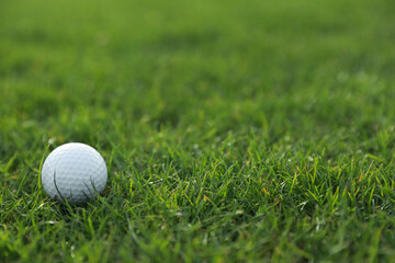 Golf ball on green course, space for text