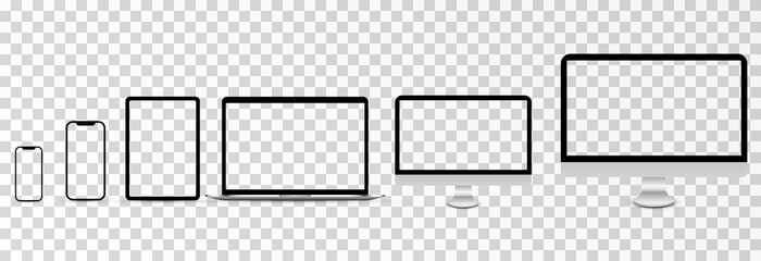 Screen vector mockup. Mockup of phone, laptop, smartphone, monitor with blank screen. PNG.