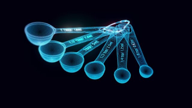  MEASURING SPOONS hologram Rotating. High quality 4k footage
