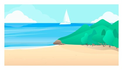 Illustration of a seascape with a sailboat on the background of the sky and mountains. Background with a summer beach. It is suitable for the design of a page, web, banner, or screen saver.