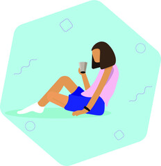 The girl is sitting with a glass flat illustration