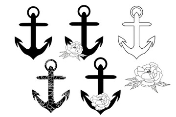Anchor vector icon. Black silhouette. Anchor graphic illustration with flowers. Floral anchor