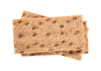 Fresh crunchy rye crispbreads on white background, top view