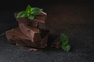 Piece chocolate with mint on a dark background.