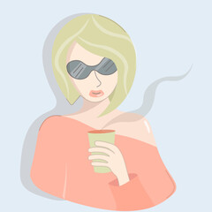 Pensive girl drinks coffee or tea. Modern abstract portrait of stylish woman with paper cup. A lady in an orange blouse and glasses with her favorite drink. Veccior on a blue background.