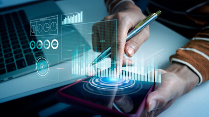 Business strategy time management scheduling interface on vr screen manager updating tasks and milestones planning project. © Phushutter
