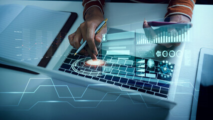 Business woman with futuristic financial chart and diagram, vr AI robot assistant and big data analysis.