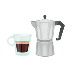 Retro geyser coffee maker and cup. Vector illustration cartoon flat icon isolated on white.