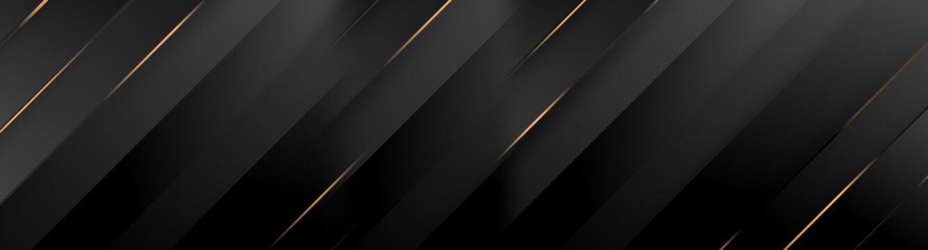 Black luxury background with golden diagonal stripes. Dark elegant dynamic abstract BG. Trendy geometric grey gradient. Universal minimal 3d sale modern backdrop. Amazing shine deluxe lines  template