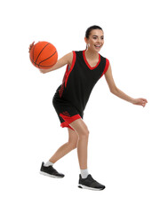 Professional sportswoman playing basketball on white background