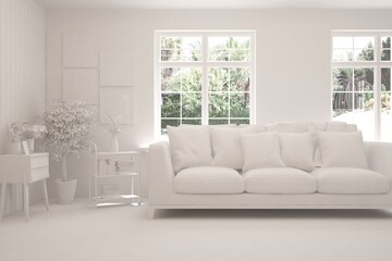 Mock up of minimalist living room in white color with sofa. Scandinavian interior design. 3D illustration