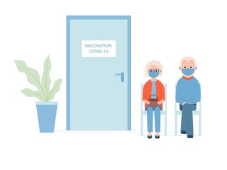 An elderly man and woman queuing up for the covid-19 vaccine. Vector illustration