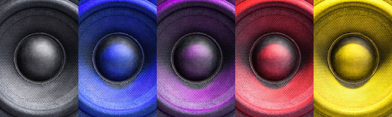 Multi-colored music speakers and Audio speakes close up. Panorama