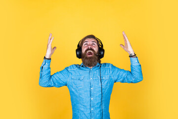 thanks god. quality of sound. bearded man listen music. brutal hipster wear headphones. online...