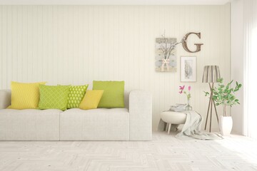 Soft color living room with sofa. Scandinavian interior design. 3D illustration