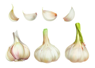 Painting illustration with set, collection of garlic from different sides and on cut isolated on white background 