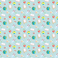Watercolor school seamless pattern on a blue background. A book, a plant in a pot, a ball, a rocket, a pencil, a board, scissors, a globe, and an open book on an endless print.