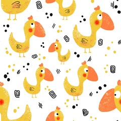 A seamless pattern with a yellow funny bird on a white background. The illustration is hand-drawn in doodle style. Digital illustration. Design for fabric, paper and other objects.
