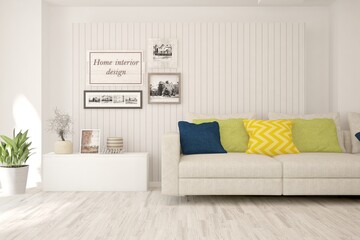 White living room with sofa. Scandinavian interior design. 3D illustration