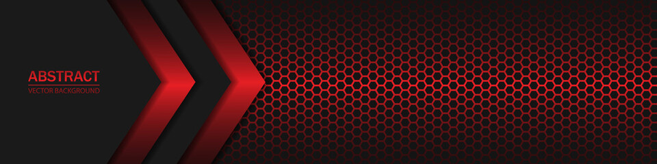 Black and red arrow shapes, stripes and lines on a dark hexagonal carbon fiber background. Geometric shapes on a hexagonal red grid.