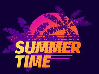 80s retro sci-fi palm trees on a sunset. Retro futuristic sun with palm trees. Synthwave and retrowave style. Design for advertising brochures, banners, posters, travel agencies. Vector illustration