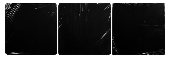 collection set of plastic wrap texture for overlay. wrinkled stretched plastic effect. transparent plastic wrap on black background.