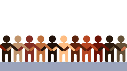 People with different skin color holding hands together. Diverse crowd and race equality concept. Flat design.