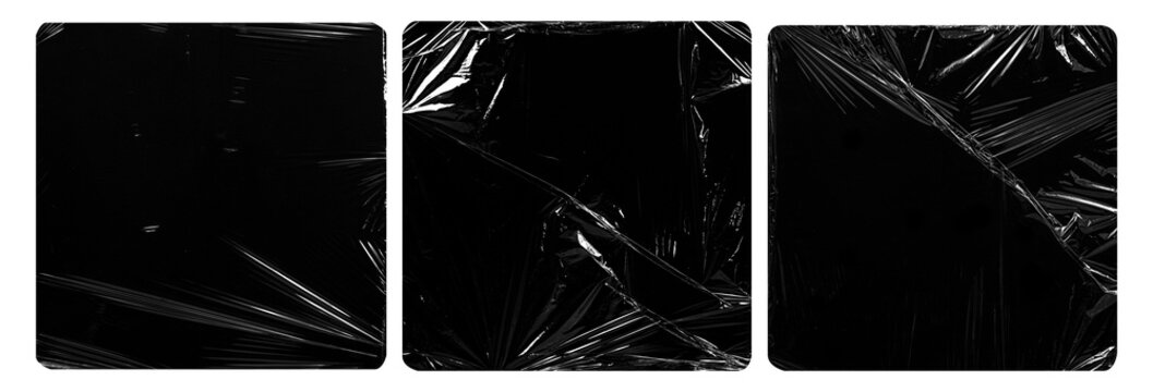 collection set of plastic wrap texture for overlay. wrinkled stretched plastic effect. transparent plastic wrap on black background.