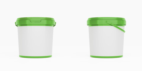 Green 1,5l plastic paint can / bucket / container with handle and blank label, isolated on white background.	
