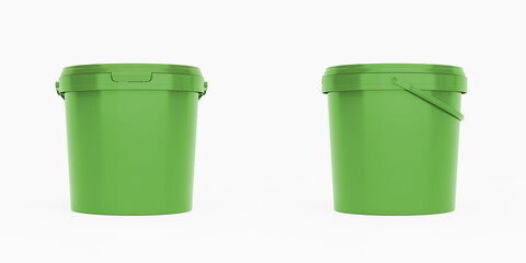 Green 1,5l plastic paint can / bucket / container with handle and no label, isolated on white background.   © Adam V