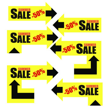 Arrow, direction of movement. Design of the sale banner template for promotions. Summer sale.
