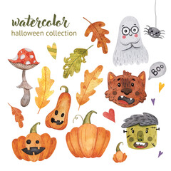 Watercolor collection of Halloween symbols-pumpkins, autumn leaves, werewolf, Frankenstein, ghost, spider, mushroom. Hand drawn watercolor elements isolated on white.