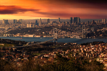 Panorama of european part of Istanbul with Bosphorus. Big city with skyscrapers.Turkey.