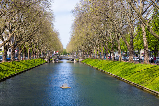 Canal on Konigsallee urban boulevard in Dusseldorf, Germany