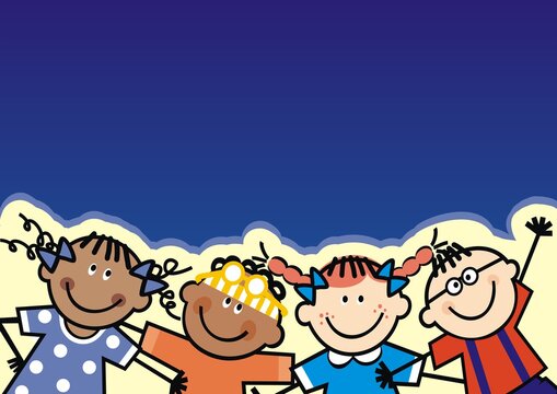 Four happy kids, girls and boys on blue background, conceptual vector illustration