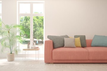 White living room with sofa and summer landscape in window. Scandinavian interior design. 3D illustration