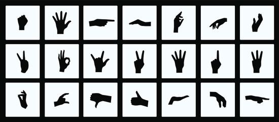 Monochrome set of silhouettes of hands and fingers. Icons are included, such as finger interaction, good job, index finger, greeting, pinch, dislike, like, peaceful person, good, rock, and others.