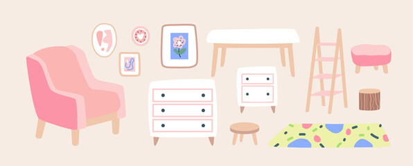 Fototapeta premium Living room furniture. Interior decoration isolated. Trendy hugge style, vintage urban cozy livingroom. Hand drawn flat. Set collection. Whire, pink, beige, blue, brown colors. Print, poster, banner.