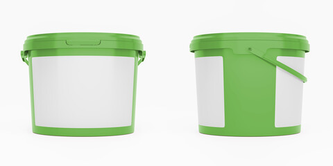 Green 3,5l plastic paint can / bucket / container with handle and blank label, isolated on white background.	
