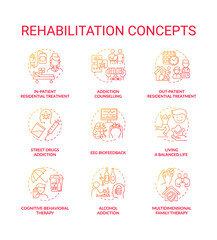 Rehabilitation concept icons set. Addiction recovery steps. Addiction medical treatment methods. Rehabilitation types idea thin line color illustrations. Vector isolated outline drawings