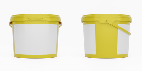 Yellow 3,5l plastic paint can / bucket / container with handle and blank label, isolated on white background.	
 - obrazy, fototapety, plakaty