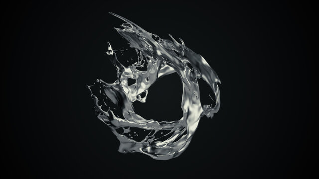 3D Spritzer flüssiges silbernes Metall - rund - solo - schwarz-weiß | 3D Render Illustration