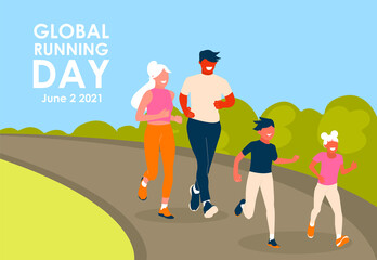 Global Running Day. Happy family running in the park. Father, Mother, Son and Daughter leads an active and healthy lifestyle. Vector illustration in flat style for poster, banner, greeting card.