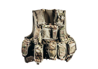 Isolated photo of level 3 camouflaged armored protective soldier vest on white background.
