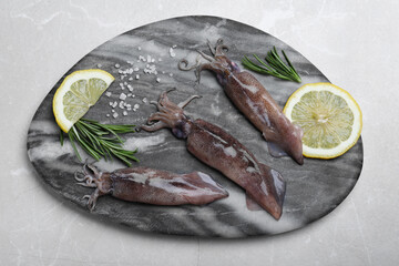 Fresh raw squids with lemon, rosemary and salt on light grey marble table, top view