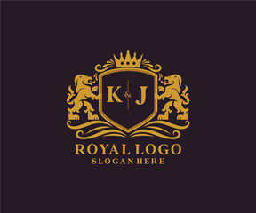 Initial KJ Letter Lion Royal Luxury Logo template in vector art for Restaurant, Royalty, Boutique, Cafe, Hotel, Heraldic, Jewelry, Fashion and other vector illustration.