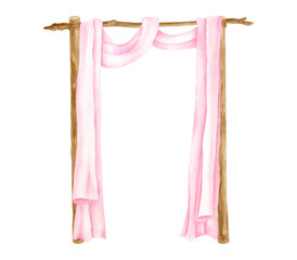 Watercolor rustic wedding arch with wood sticks decorated with pink curtains. Hand drawn wooden square archway isolated on white. Elegant veil drapery decoration, bohemian eco decor illustration